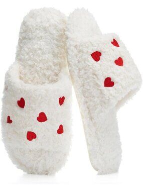 Women's Red Heart Indoor Cozy Foam Slip On Slides Fuzzy Open Toe Slipper Shoes